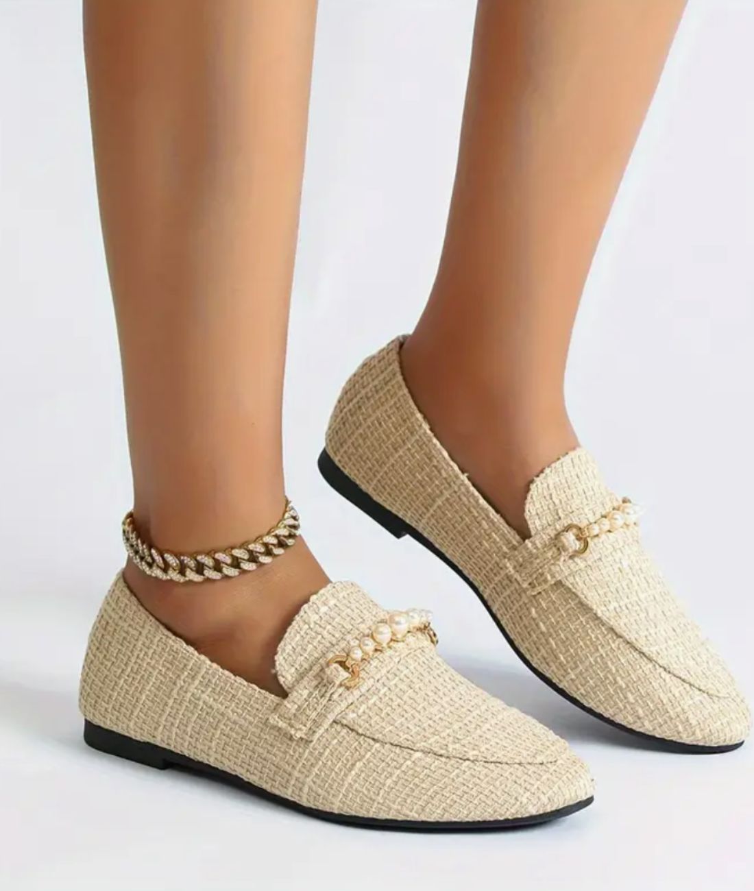 Mocassins Plats Avec Perles Blanches Pour Femme