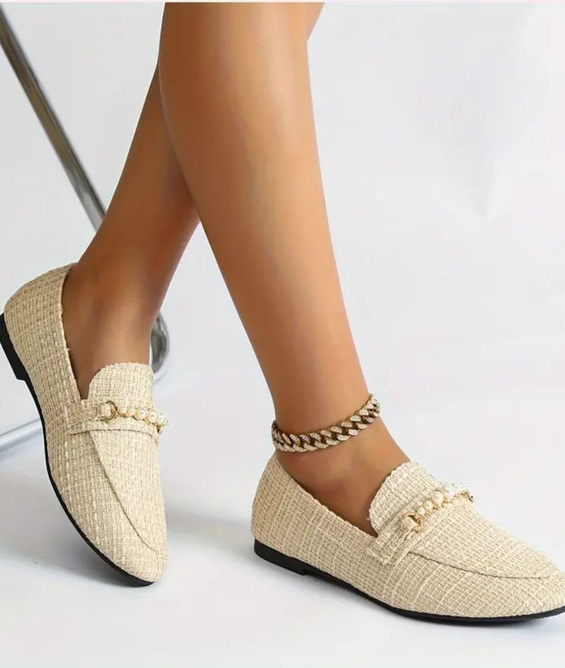 Mocassins Plats Avec Perles Blanches Pour Femme