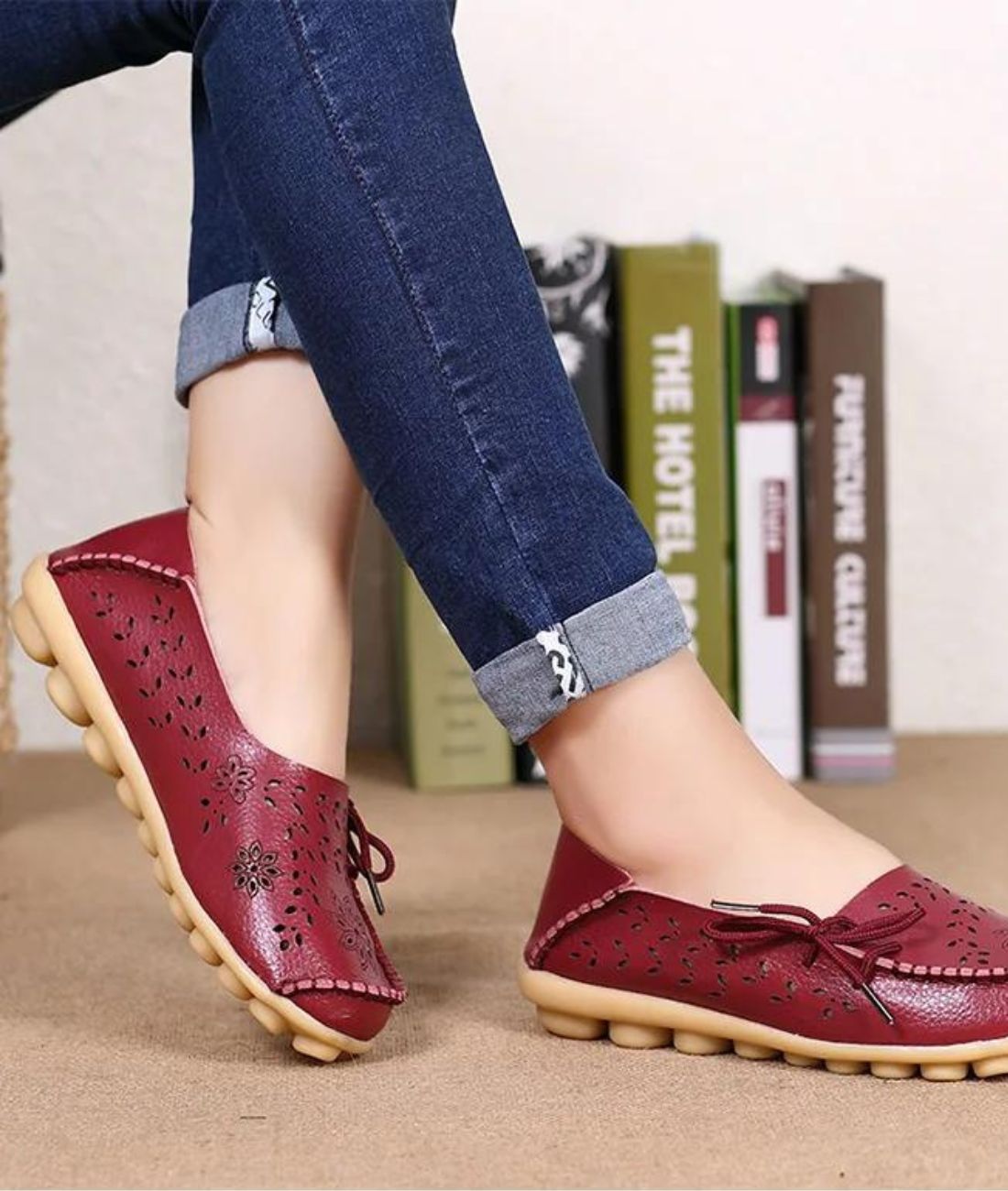 Mocassin Ajouré en Effet cuir Rouge Bordeaux – Femme