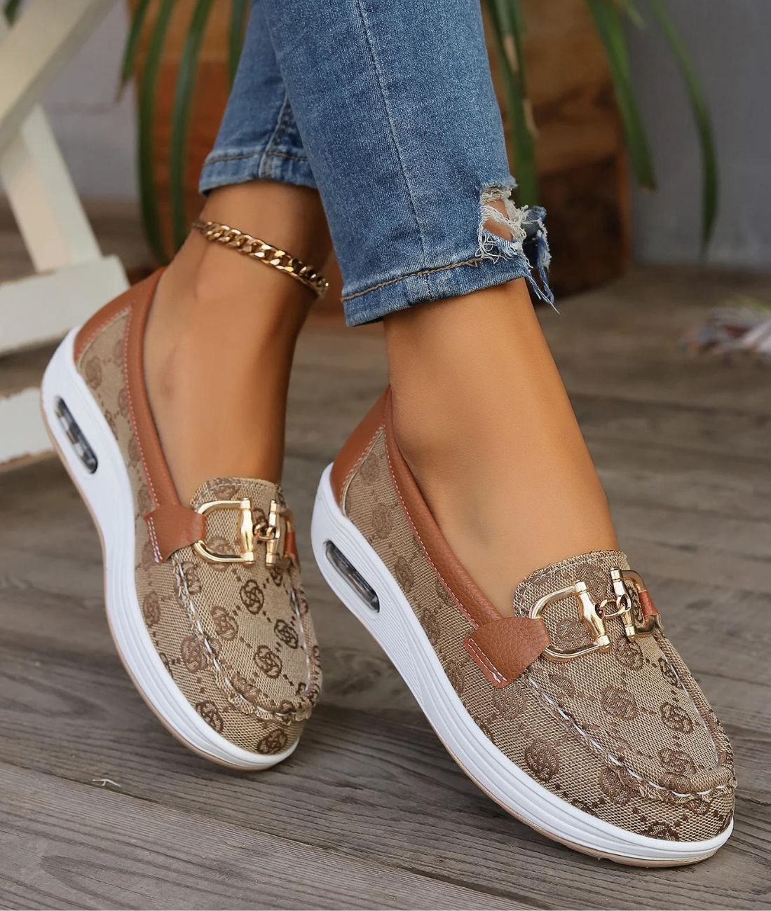 Mocassin à Plateforme en Cuir Synthétique Marron Kaki – Femme