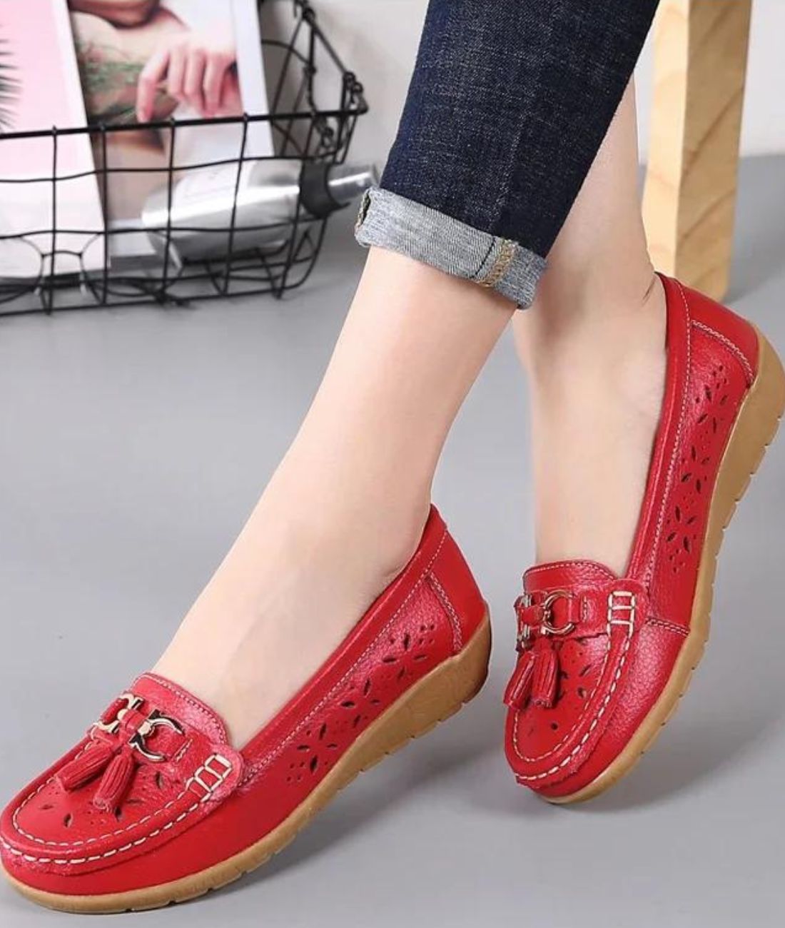 Mocassin Souple en Cuir Rouge Carmin – Femme