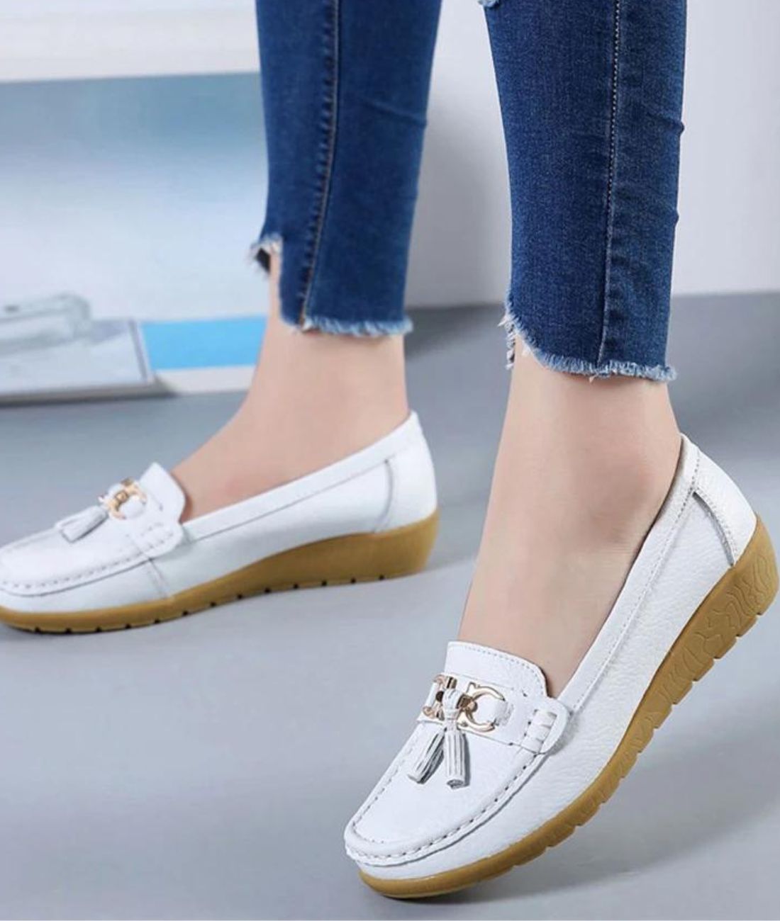Mocassin Souple en Cuir Véritable Blanc Éclatant – Femme