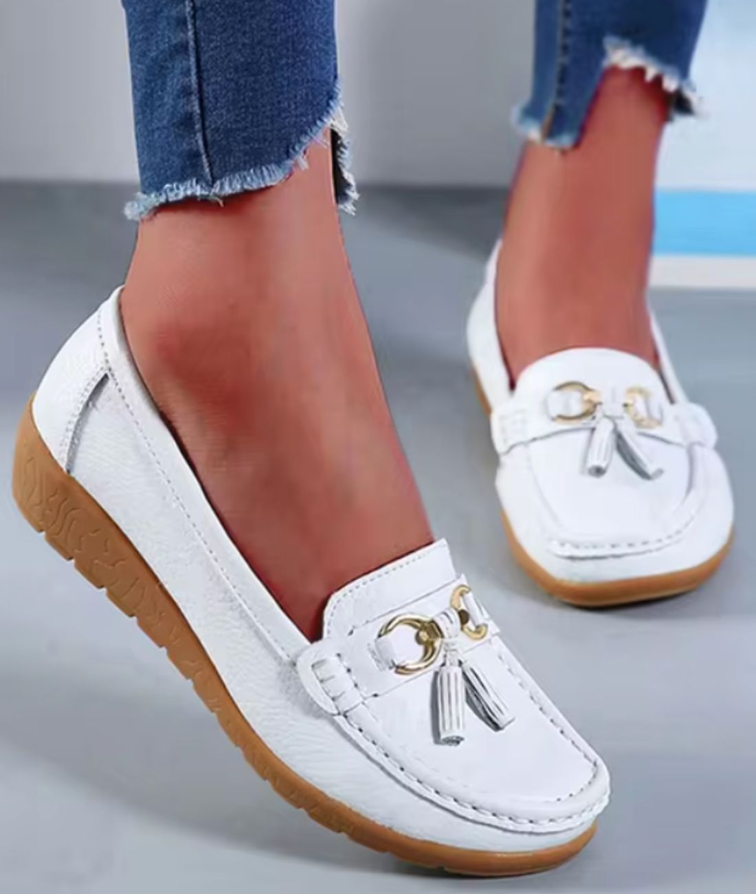 Mocassin Souple en Cuir Véritable Blanc Éclatant – Femme