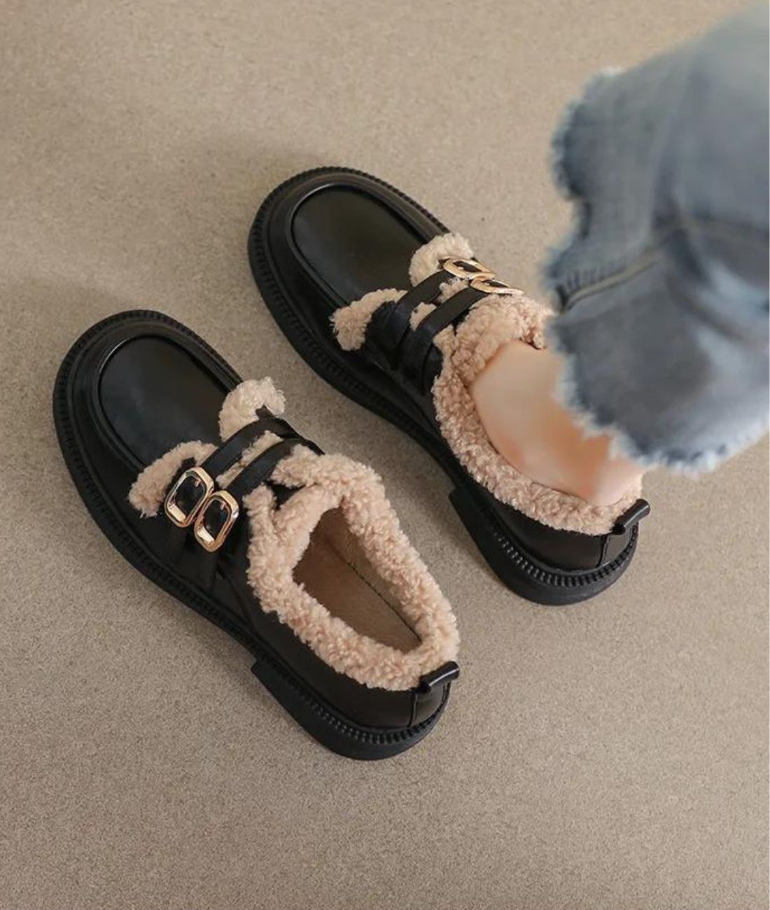 Mocassin Souple en Bouclette Beige Doux – Femme