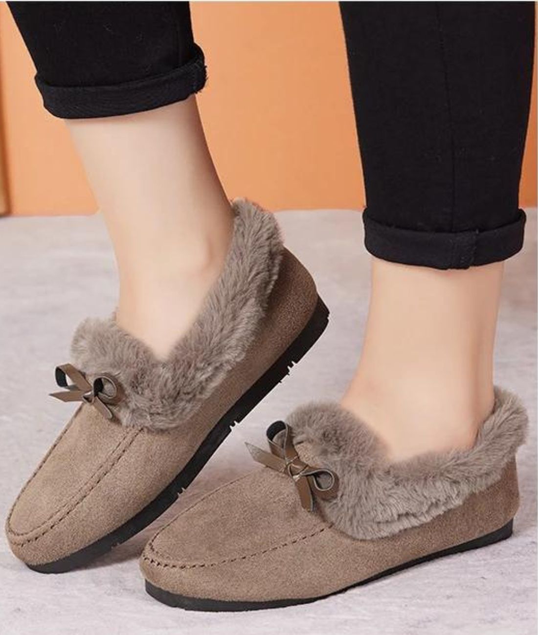 Mocassin Souple en Fausse Fourrure Gris Anthracite – Femme
