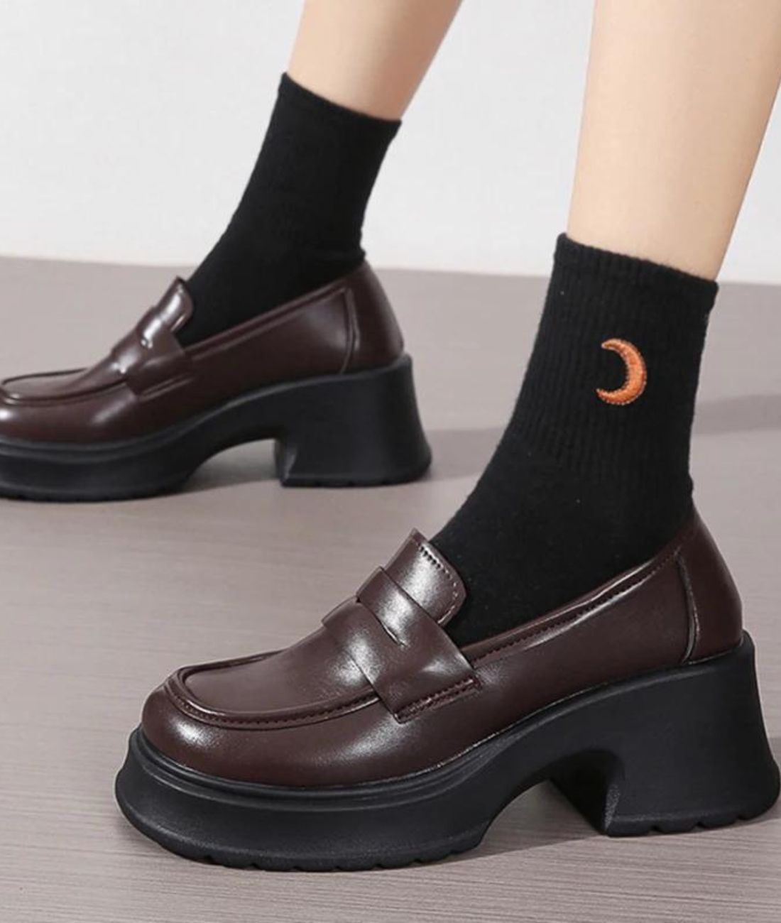 Mocassin à Plateforme en Cuir Marron Café – Femme