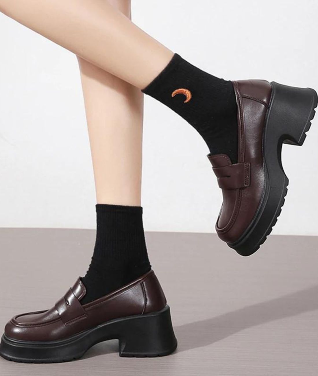 Mocassin à Plateforme en Cuir Marron Café – Femme