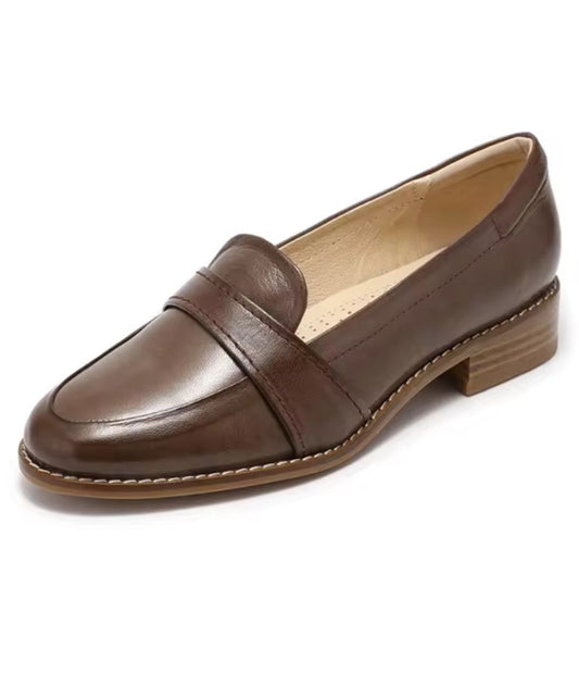 Mocassin à Talons Carrés en Effet cuir Marron Intense – Femme