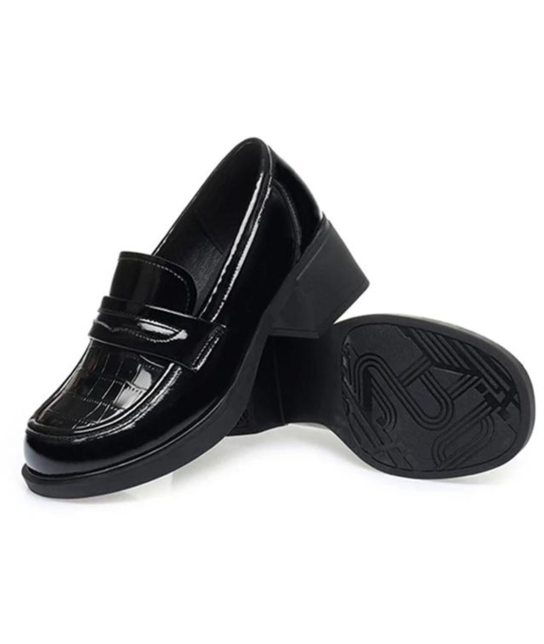 Mocassin à Talon en Effet vernis Noir Profond – Femme