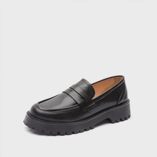 Mocassin Femme Compensé Rétro Cuir Britanique - Noir