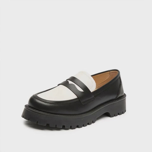 Mocassin Femme Compensé Rétro Cuir - Noir & Blanc